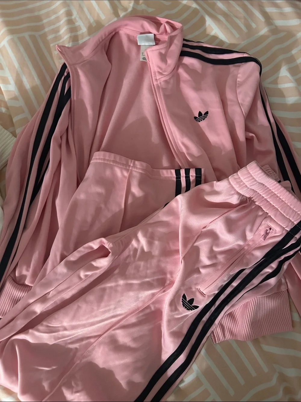 adidas Pink Track Jacket and Pants with Black Stripes